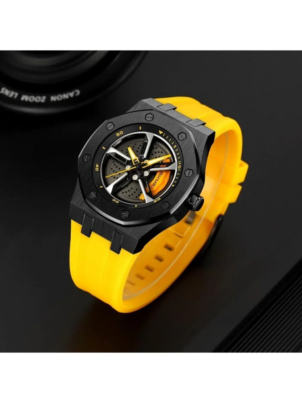 Men's Yellow Analog 3D Spinning Car Wheel Rotating Design Stainless Steel Watch